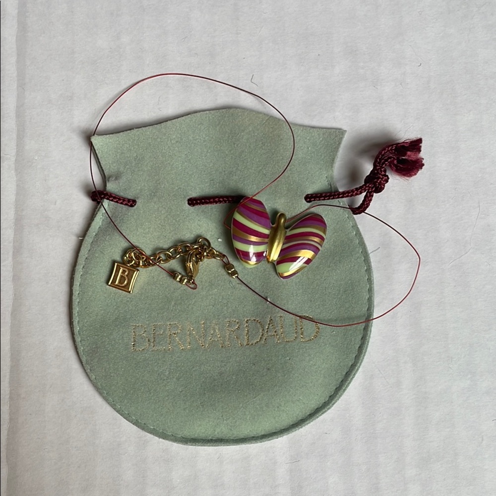 Bernardaud Porcelain Gold, Pink & Green Floating Butterfly Necklace